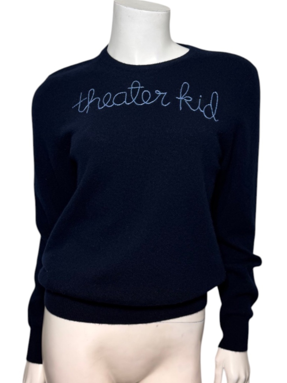 Lingua Franca 100% Cashmere Sweater Navy Hand Embroidered "Theater Kid" Size S